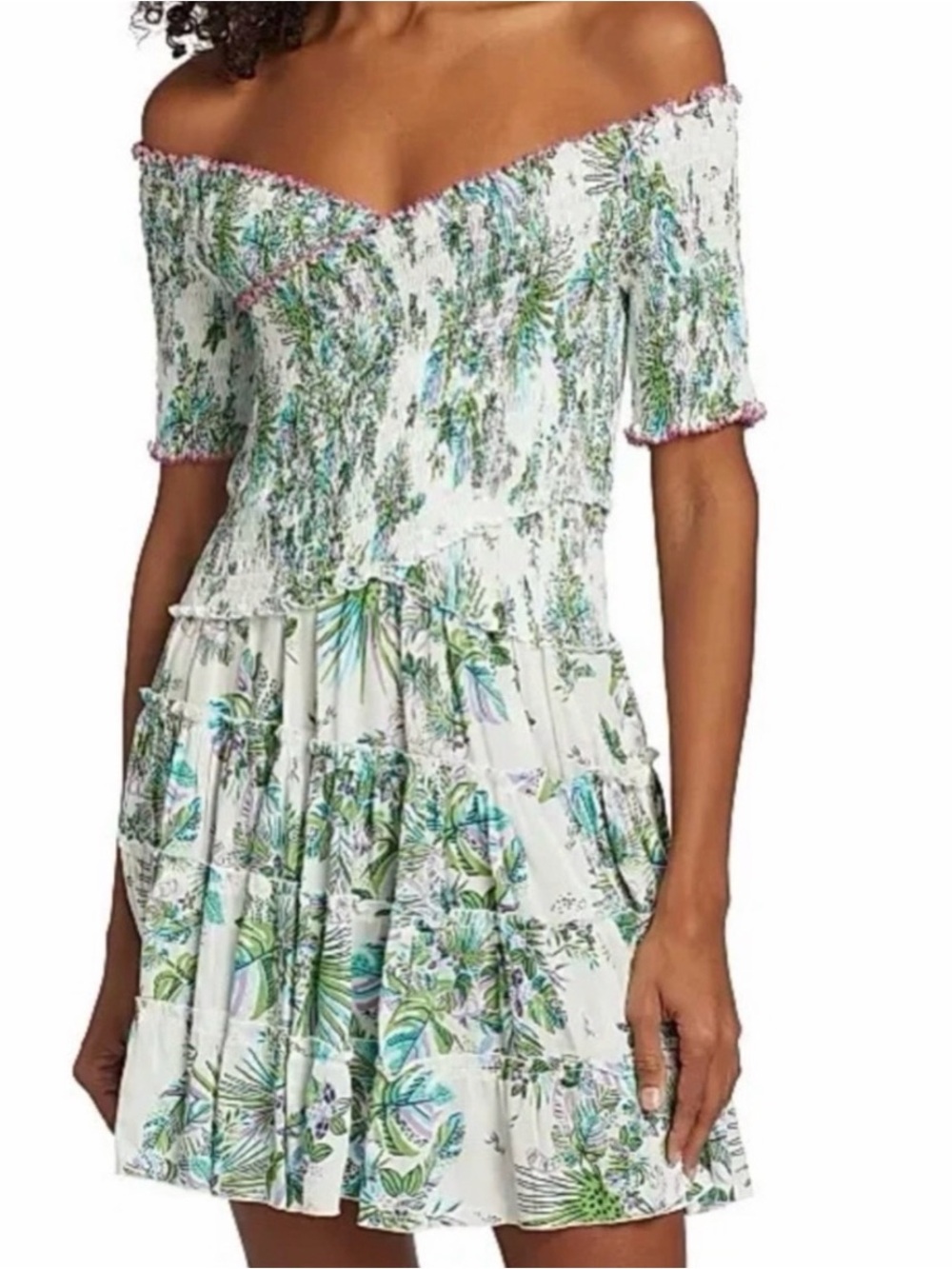 Poupette St Barth Off-Shoulder Aqua Rain Floral Smocked Mini Dress